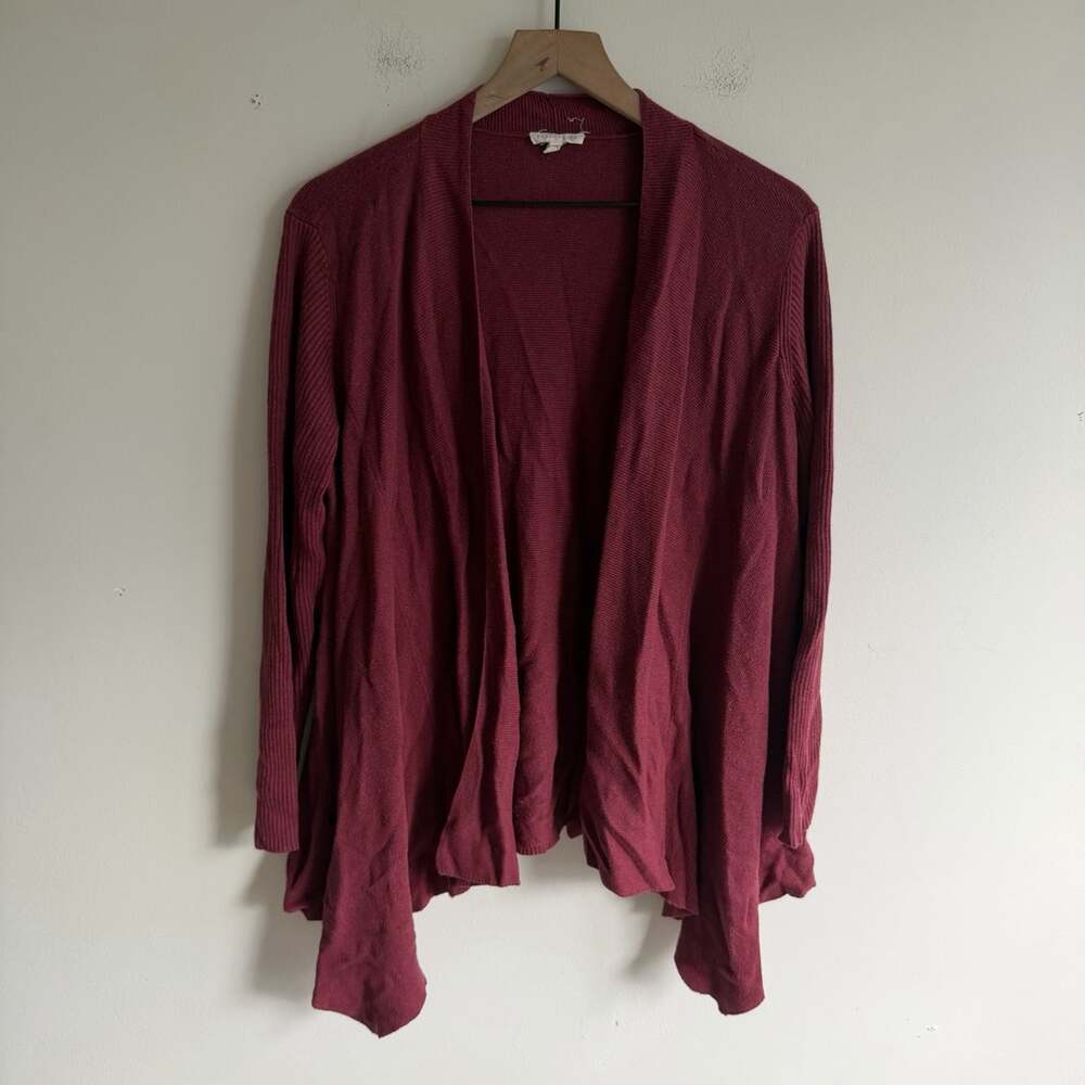 Eileen Fisher Cotton Linen Open Front Cardigan Size L Maroon Red Lagenlook